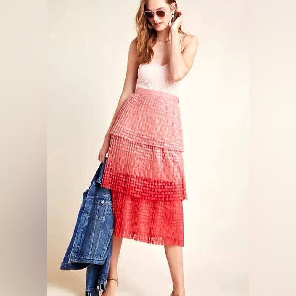 Anthropologie Maeve NWT Brighton Tiered Midi Skirt Ombre Lace Pink Tiered Size 0